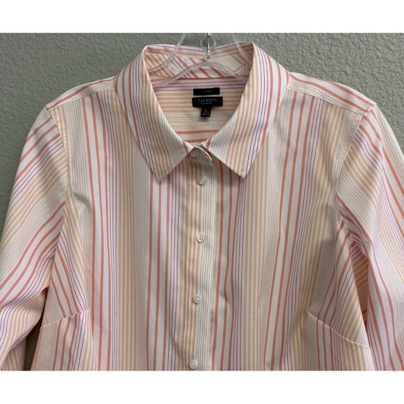 Talbots Petite XP Popover Blouse Long Sleeves Peach Metallic Stripes Shirt - Picture 3 of 10